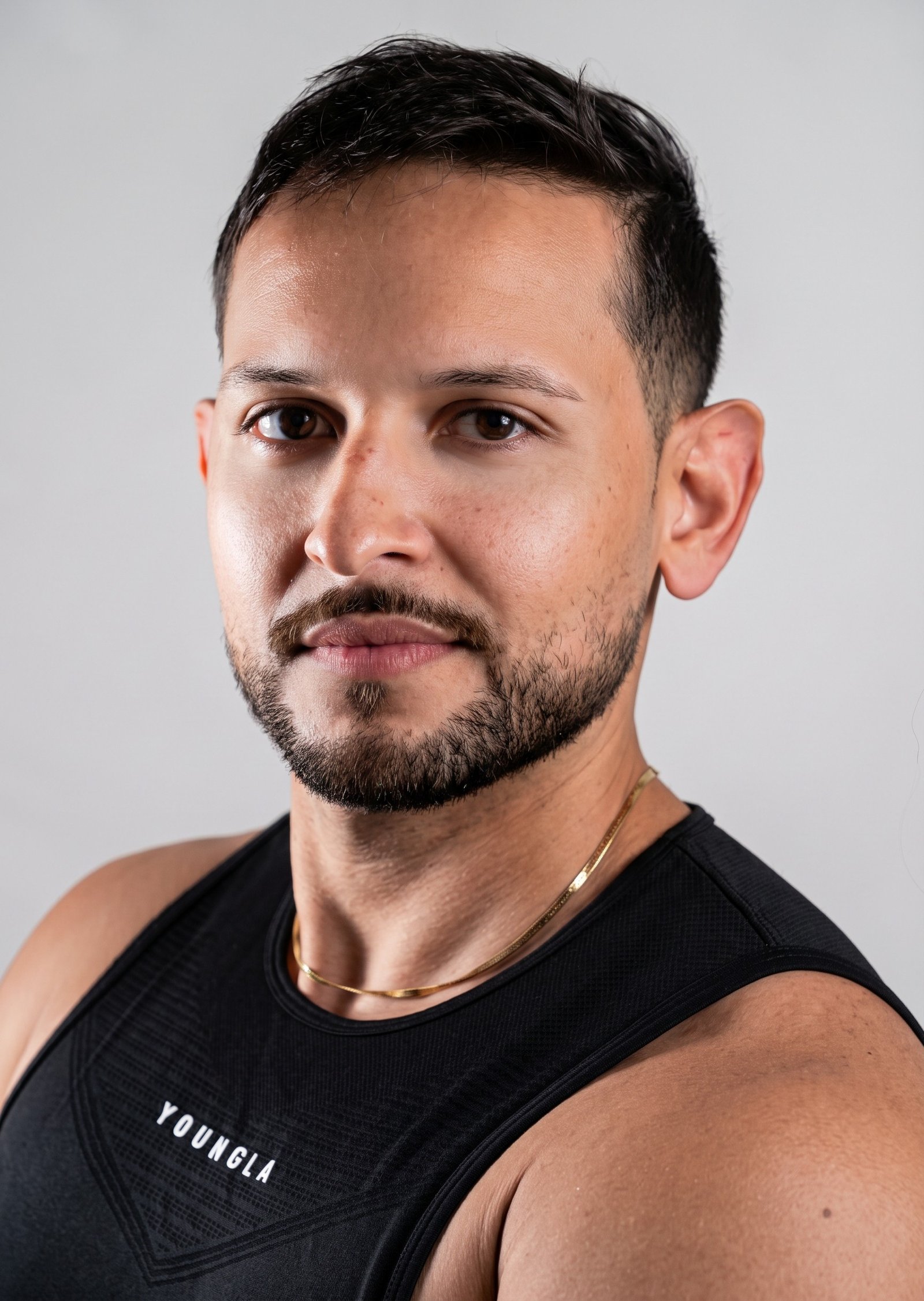 Retrato de Chris, entrenador de Above the rest, con camiseta deportiva negra y luz lateral